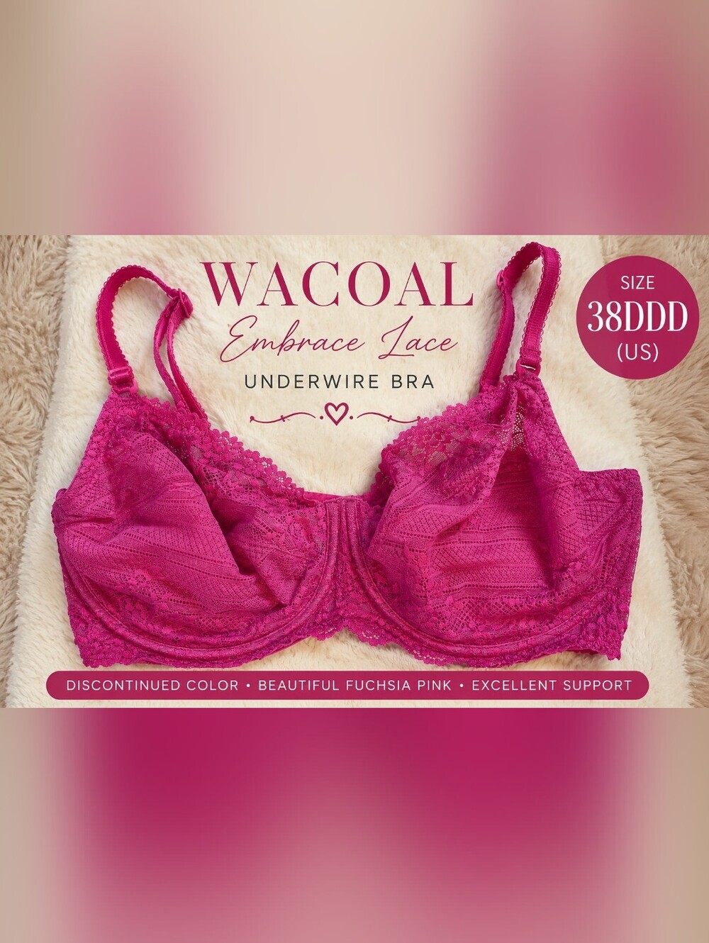 Wacoal 38DDD Embrace Lace Underwire Bra Fuchsia Pink Unlined Lace 85191